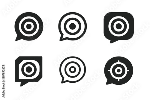 Niche Market Icons. Influencer campaigns targeting niche markets. Icon set. Set Logo of Influencer Campaigns: speech bubble merging with a target ring.