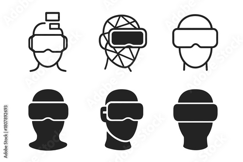 Virtual Reality Icons. Virtual reality meetings. Icon set. Set Logo of Virtual reality meetings: Headset plus microphone. harmonious logo variations of the