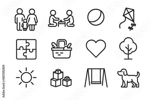 Family Playtime Icons. Family playtime. Line icon set of family playtime: parents and children, board game, ball, kite, puzzle, picnic basket, heart, tree,