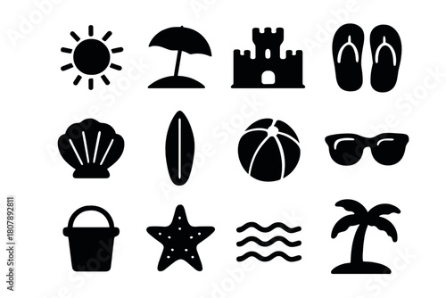 Summer Beach Icons. Summer Beach. Solid icon set of Summer Beach: sun, beach umbrella, sandcastle, flip flops, seashell, surfboard, beach ball, sunglasses,