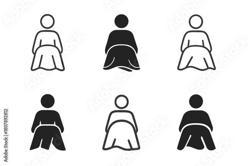 Cozy Blanket Icons. Blanket over knees. Icon set. Set Logo of blanket over knees: minimal line figure with fabric folds. harmonious logo variations of the same