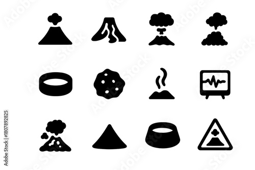 Volcanology Icon Set. Volcanology. Solid icon set of Volcanology: active volcano, magma flow, lava eruption, ash cloud, crater, volcanic rock, fumarole,