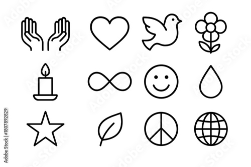 Selfless Love Icons. Selfless love. Line icon set of selfless love: open hands, heart, dove, flower, candle, infinity, smiling face, water droplet, star, leaf,