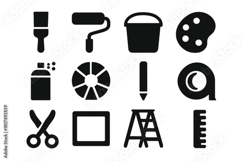 Painting Tools Icons. Painting and decorating. Solid icon set of painting and decorating: paintbrush, roller, bucket, palette, spray can, color wheel, pencil,