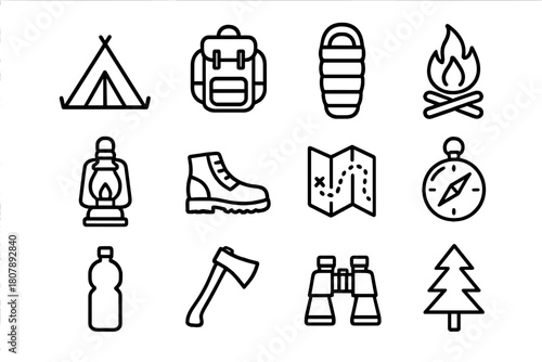 Camping Essentials Icons. Forest camping. Line icon set of Forest camping: tent, tree, campfire, backpack, sleeping bag, lantern, hiking boots, map, compass,