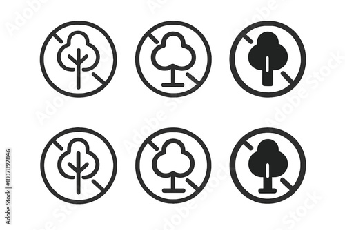 Environmental Symbols Grid. Restrictions. Icon set. Set Logo of Environmental Restriction: Tree with prohibition sign. Abstract geometric, Stylized detail,