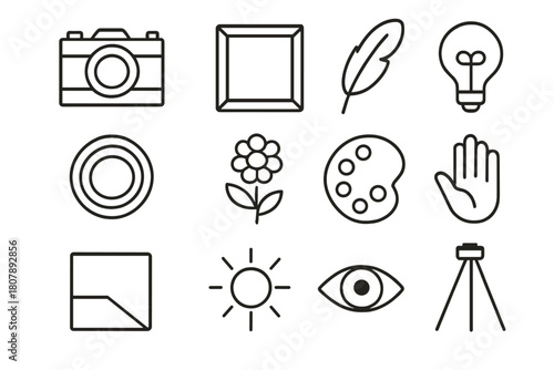 Fine Art Icons. Fine art photography. Line icon set of fine art photography: vintage camera, frame, feather, light bulb, flower, paint palette, lens, sun,
