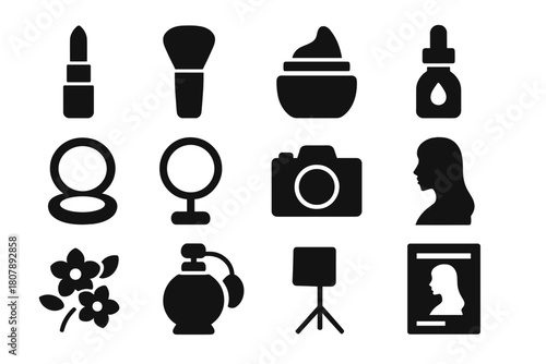 Elegant Cosmetics Icons. Luxury Cosmetics. Solid icon set of Luxury Cosmetics: lipstick, makeup brush, face cream, serum bottle, compact powder, mirror,