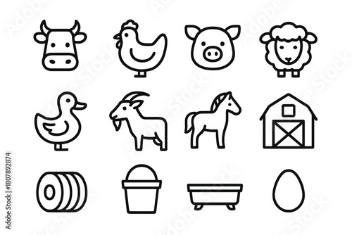 Farm Animal Icons. Farm animals. Line icon set of farm animals: cow, chicken, pig, sheep, duck, goat, horse, barn, hay bale, bucket, trough, egg. All outline