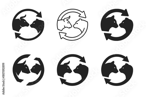 Market Cycles Icons. Market cycles and trends. Icon set. Set Logo of Market cycles and trends: Bull and bear icon. harmonious logo variations of the same
