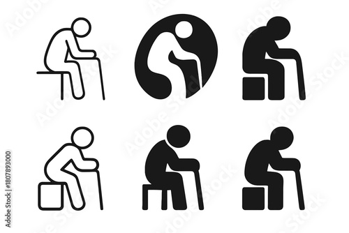 Elderly Support Icons. Loneliness in old age. Icon set. Set Logo of Walking Cane: Support tool. Symmetrical form, Stylized detail, Negative space, Minimal