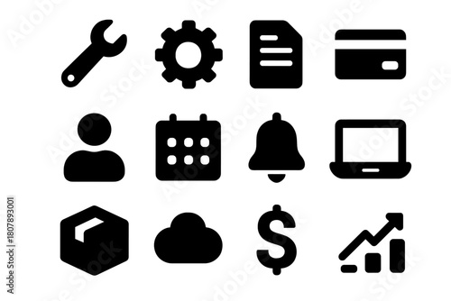 Service Model Icons. Service-based model. Solid icon set of service-based model: wrench, gear, document, credit card, user, calendar, bell, laptop, package,