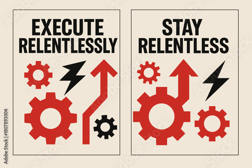 Relentless Brutalist Banners. Execute relentlessly. Two vertical A6 banners with safe margins, centered composition, no elements touching edges, brutalist,