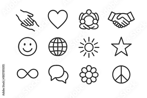 Human Connection Icons. Human connection. Line icon set of human connection: hands touching, heart, people circle, handshake, smile, globe, light rays, star,