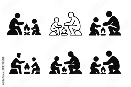 Father-Son Adventures. Father and son activity. Icon set. Set Logo of father and son activity: camping by fire. harmonious logo variations of the