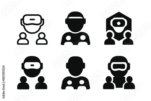 VR Meeting Logos. Virtual reality meetings. Icon set. Set Logo of Virtual reality meetings: VR headset. harmonious logo variations of the same emblematic