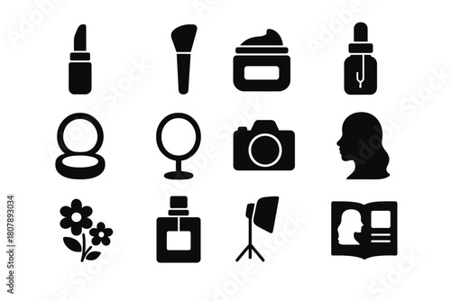 Beauty Icon Set. Beauty Shoot. Solid icon set of Beauty Shoot: lipstick, makeup brush, face cream, serum bottle, compact powder, mirror, camera,