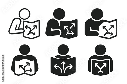 Strategy Game Logos. Engaging in a strategy game. Icon set. Set Logo of engaging in a strategy game: player analyzing a map with direction arrows. harmonious