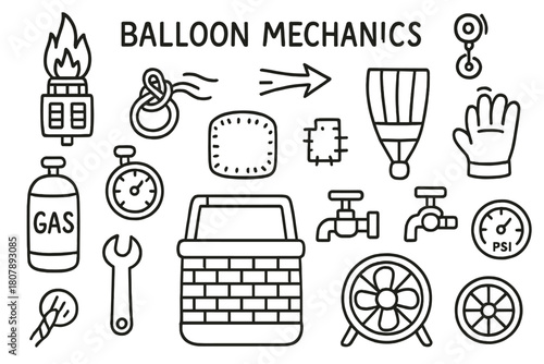 Balloon Mechanics Illustration. Balloon mechanics. Hand-drawn doodle illustration Balloon mechanics flame burner, gas tank, rope knot, pulley, fabric panel,