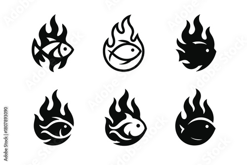 Spicy Seafood Icons. Spicy seafood. Icon set. Set Logo of Spicy Seafood: crab surrounded by fiery elements. harmonious logo variations of the same emblematic
