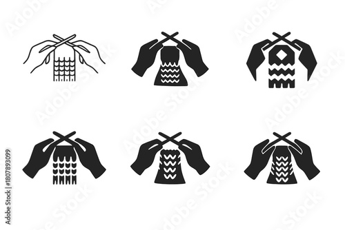 Knitting Logo Variations. Knitting a scarf. Icon set. Set Logo of knitting a scarf: hands looping yarn over needles mid-stitch. harmonious logo variations of