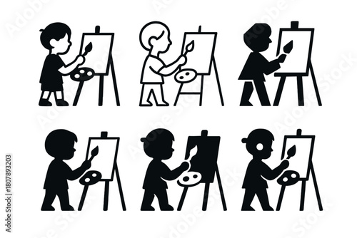 Children's Hobby Icons. Children's hobbies (reading, cycling, painting). Icon set. Set Logo of children's hobbies: outdoor cycling scene. harmonious logo