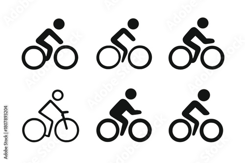 Bicycle Logo Variations. Person on bicycle. Icon set. Set Logo of person on bicycle: silhouette of cyclist in motion within circular frame. harmonious logo