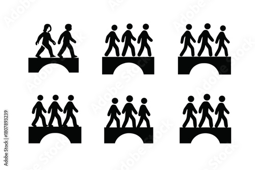 Migrant Rights Icons. Migrant rights. Icon set. Set Logo of Migrant Rights: abstract figure carrying a suitcase within a circle. harmonious logo variations of