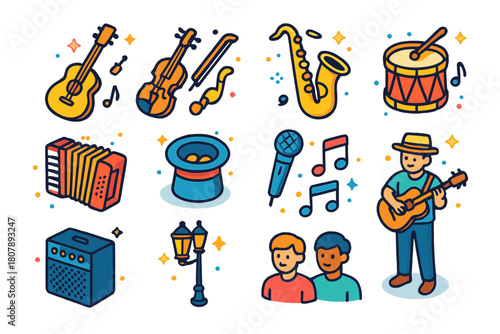 Musical Busker Icons. Music busker. Colorful isometric vector icons set of music busker: guitar, violin, saxophone, drum, accordion, hat for tips, microphone,