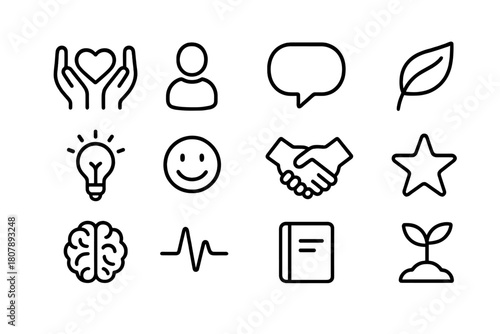 Support and Empathy Icons. Support and Empathy. Line icon set of Support and Empathy: hands holding heart, person, chat bubble, leaf, light bulb, smile,