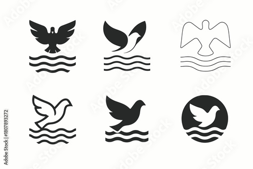 Baptism Icon Set. The significance of baptism in Christian faith. Icon set. Set Logo of baptism: dove descending over flowing water. harmonious logo variations