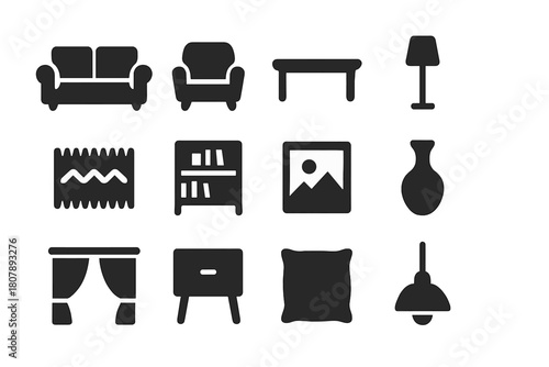 Interior Design Icons. Interior Design. Line icon set of Interior Design: chair, table, lamp, rug, wall frame, ruler, pencil, paint palette, curtain, plant,