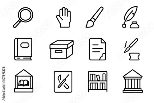 Book Conservation Icons. Book conservation. Line icon set of Book conservation: old book, gloves, magnifying glass, paintbrush, archival box, feather quill,
