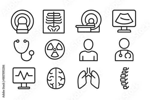 Diagnostic Radiology Icons. Diagnostic radiology. Line icon set of diagnostic radiology: MRI machine, x-ray image, CT scanner, ultrasound, stethoscope,