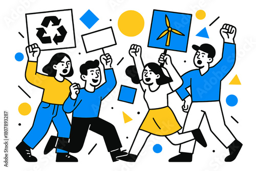 Vibrant Eco Activism. Environmental Protests. People holding up recycling and green energy signs with floating abstract geometric shapes, engaged and activist