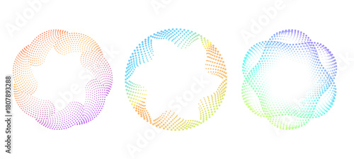 Bright gradient circular halftone dot rings. Colorful concentric motion lines and spiral speed shapes for technology, music and futuristic vector design. Gradient dotted rotation effect.