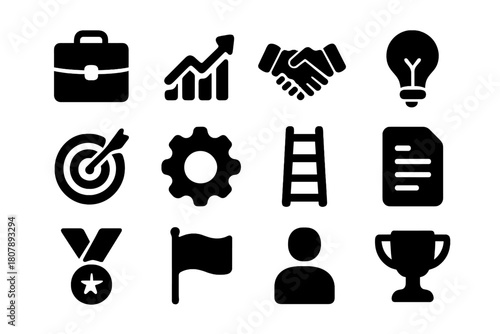 Career Growth Icons. Career growth. Solid icon set of career growth: briefcase, chart arrow, handshake, lightbulb, target, gear, ladder, document, medal, flag,