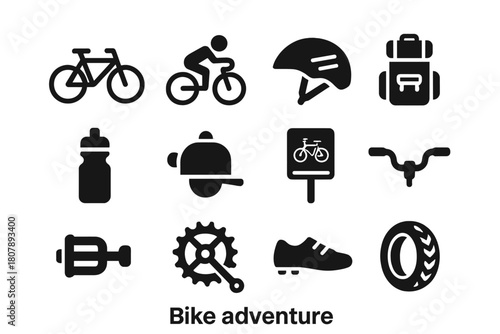Bike Adventure Icons. Bike Adventure. Solid icon set of Bike Adventure: bicycle, rider, helmet, backpack, water bottle, bell, bike lane, handlebars, pedal,