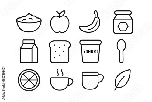 Healthy Breakfast Icons. Healthy breakfast. Line icon set of healthy breakfast: oatmeal bowl, apple, banana, honey jar, milk, toast, yogurt, spoon, orange