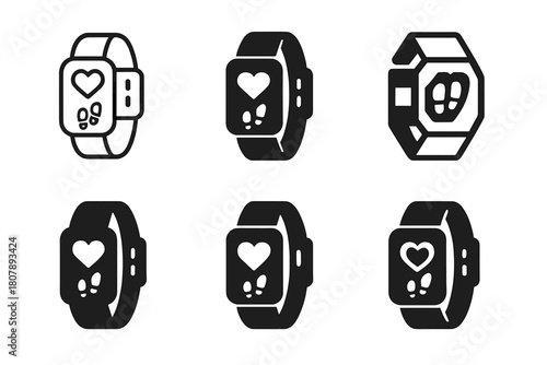 Fitness Tracker Logos. A close-up of a fitness tracker or smartwatch showing workout stats. Icon set. Set Logo of fitness tracker: smart wristband with