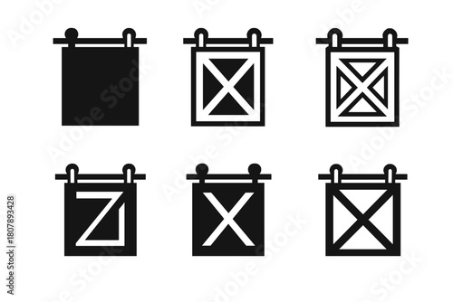 Sliding Doors Icons. Sliding doors. Icon set. Set Logo of sliding doors: balcony slider with sheer curtain. harmonious logo variations of the same emblematic