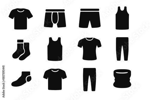 Seamless Menswear Icons. Seamless Menswear. Solid icon set of Seamless Menswear: base layer tee, boxer brief, trunks, long johns, crew socks, tank vest,