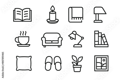 Reading and Relaxation Icons. Reading and Relaxation. Line icon set of Reading and Relaxation: open book, candle, blanket, tea cup, sofa, reading lamp, pillow,