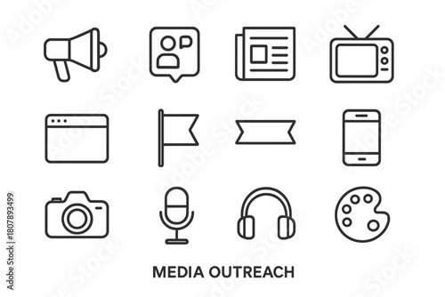 Media Outreach Icons. Media outreach. Line icon set of Media outreach: megaphone, social media icon, newspaper, TV, website, logo, banner, smartphone, camera,
