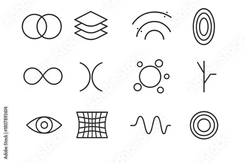 Multiverse Icon Set. Multiverse theory. Line icon set of multiverse theory: overlapping spheres, dimensional layers, parallel paths, portal, infinity loop,