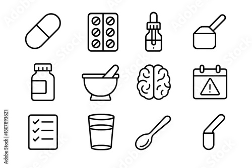 Supplement Icon Set. Supplements and nootropics. Line icon set of supplements and nootropics: pill capsule, tablet blister, dropper bottle, powder scoop,