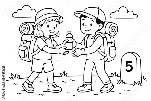 Travelers Sharing Kindness. Gratitude and kindness on the road children?s coloring book illustration, outlined drawing, travelers sharing water and helping