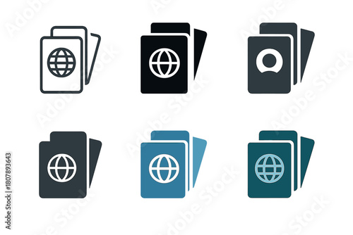 Digital Nomad Icons. Digital nomad lifestyle and travel work. Icon set. Set Logo of Digital nomad lifestyle and travel work: Airplane with laptop. harmonious