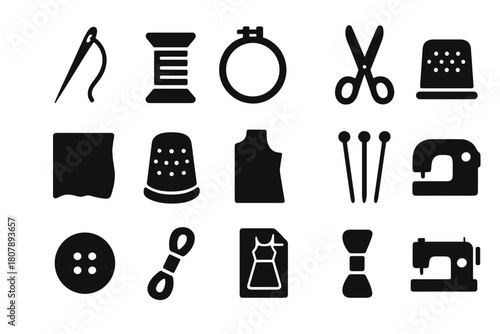 DIY Craft Icon Set. DIY Crafts. Solid icon set of DIY Crafts: needle, thread spool, embroidery hoop, scissors, fabric, thimble, pattern template, pins, button,
