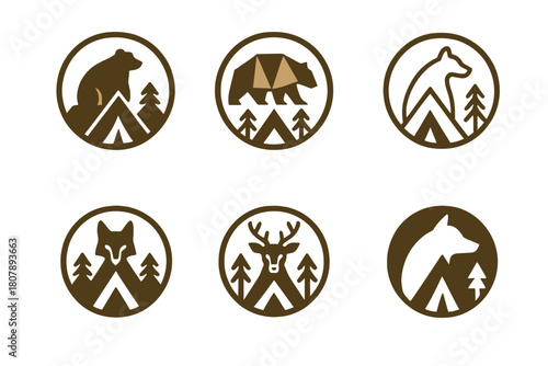 Camping Emblem Variations. Group camping adventures. Icon set. Set Logo of group camping adventures: camp badges featuring animal icons and tents. harmonious